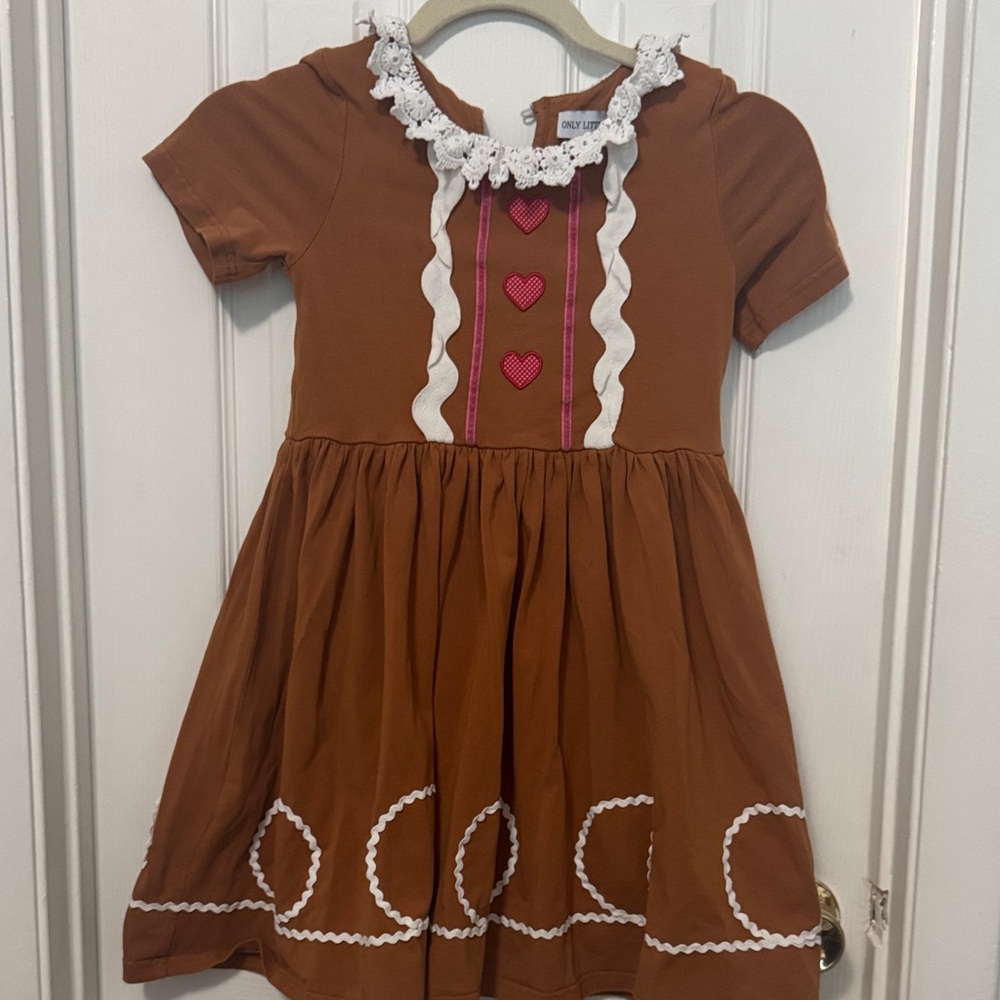 Brown Dress with White Trim and Pink Heart Accents only little once dress
